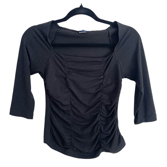 Vintage Y2K black stretch top with ruching detail and square neckline M - Picture 2 of 4